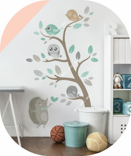 Vinilo Decorativo Infantil De Árbol Pajaritos Y Búhos 170cm