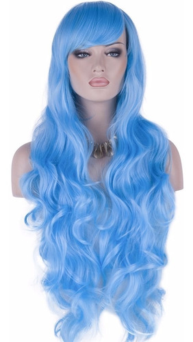 ¡ Peluca Ondulada 80cm Azul Celeste Kanekalon Cosplay !