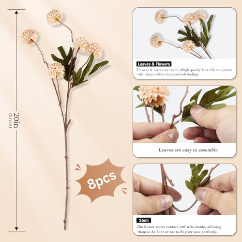Flores Artificiales Pompon Mums En Tono Beige, 8 Tallos De C