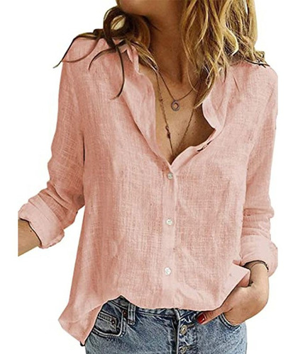 Blusa De Mujer En Lino De Algodón Manga Larga Talla Grande