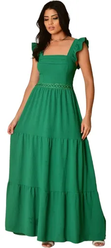 Vestido Longo Luxo Com Babada Na Mangas E Renda Na Cintura