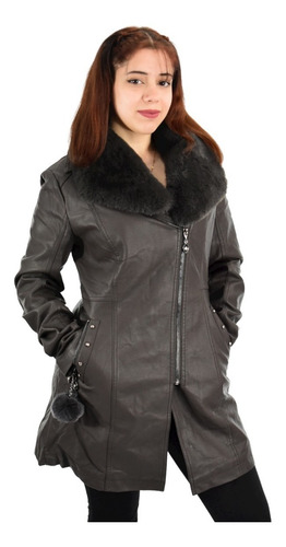 Campera Mujer Tapado Largo Elegante Ecocuero Piel Santellon