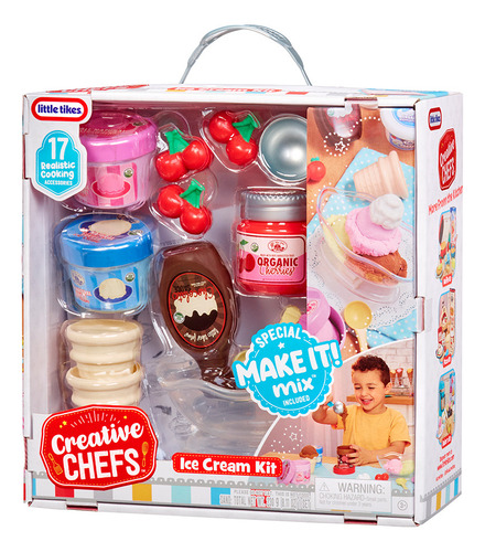 Little Tikes Creative Chefs Kit de Helado - Set de Heladería Infantil con Arena de Juego Make-It! Mix, 17 Accesorios Realistas, Tarjeta de Recetas y Mesa de Juego Plegable, No Comestible