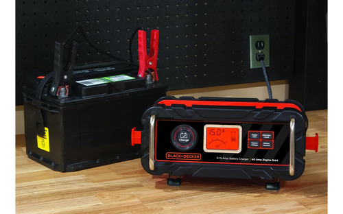 Cargador/mantenedor de batería de sobremesa Black+Decker BC15bd, totalmente automático, 15 amperios, 12 V, con arranque del motor de 40 A, comprobación del alternador y abrazaderas de cable