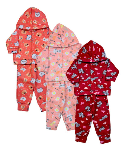 Kit 3 Conjuntos Bebê Soft Infantil Roupa Calça E Blusa Capuz