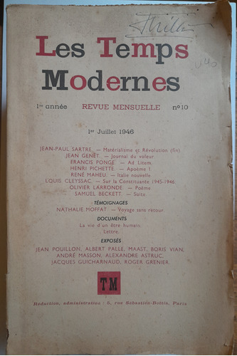 Les Temps Modernes N° 10 Revue Sartre Jean Genet Beckett  D6