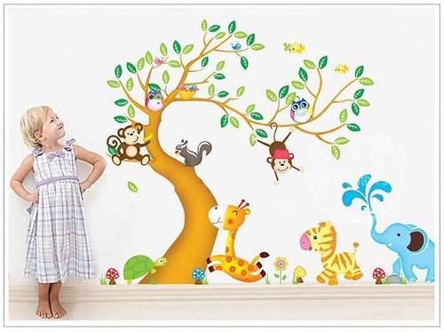 Vinilo Sticker Decor Pared Arte - Arbol Animales Mono Jirafa