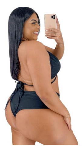 Imagem 3 de 8 de Biquini Plus Size Cintura Alta Tiras Laterais Preto
