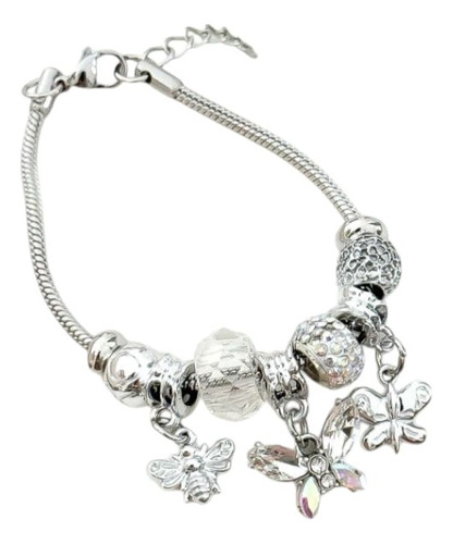 Pulsera Dijes Charms Tipo Pando Ajustable Moda Tendencia Plateada 18 Cm