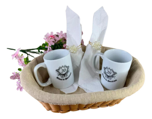 Kit Cafe Com Cesta E 2 Canecas Bodas De Porcelana 20 Anos