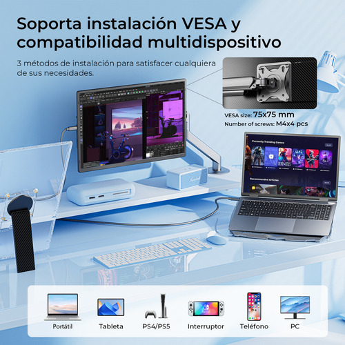 Monitor portátil extensible 16.1 1200p para portátiles y consolas de juegos con rotación de 360°