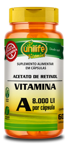 Vitamina A Acetato de Retinol Unilife 60 Cápsulas Sabor Sem sabor