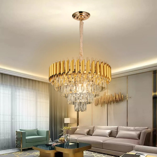Lustre Redondo Dourado Com Cristais 50cm 8e14 Dcd06624 110 220