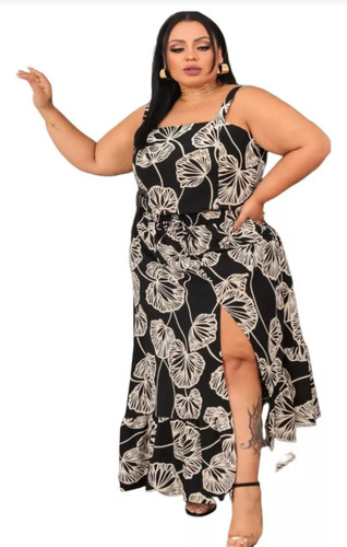 Conjunto Saia Longa E Cropped Plus Size Verao Social