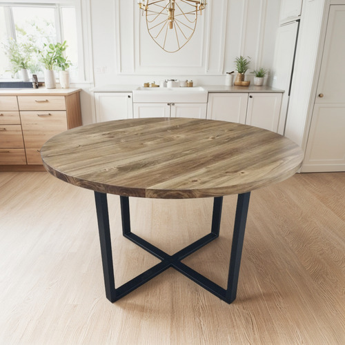 Mesa Redonda De Hierro Y Madera 100cm Madera Negro