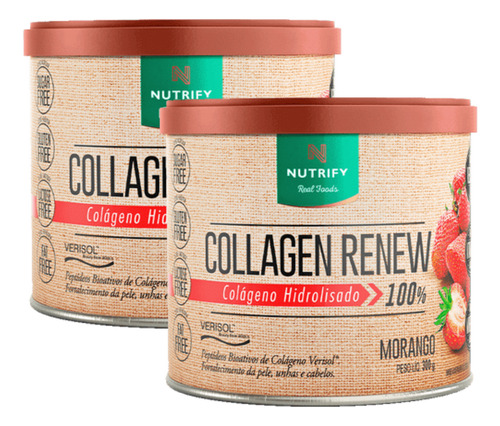 2x Collagen Renew Hidrolisado Sabor Morango Nutrify 300g