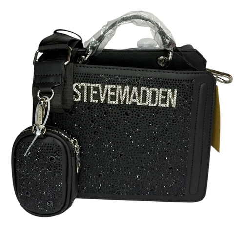 Steve Madden Bevelynx Black Satchel Crossbody Original Negro Con Brillos Níquel Negro