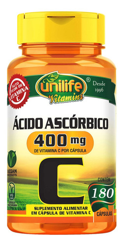 Vitamina C Ácido ascórbico 400 mg 180 cápsulas Unilife