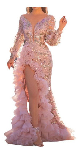 Mesh Trailing Sequin Split Pink Evening Gown