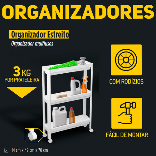Prateleira Estreita Carrinho Com Rodinhas Resistente Ordene Cor Branca