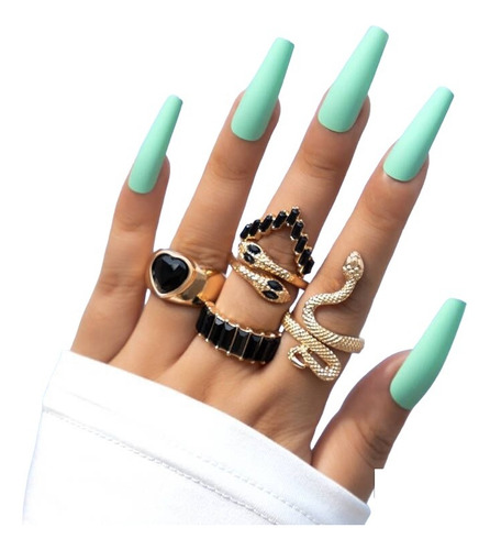 Set 5 Anillos Luna Boho Middle Ring Strass Serpiente Verde