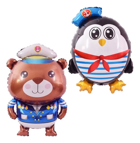 Pack 2 Globos Oso Y Pingüino Marinero Metalizado Chicos 35cm