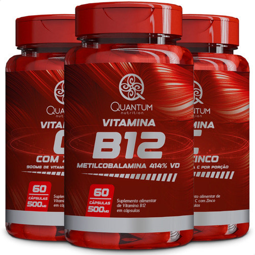 3 Potes Vitamina B12 Alta Concentração 414% Vd Kit 180 Cáps