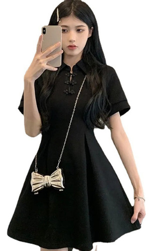Vestido Corto Casual Negro Con Botones De Moda Para Mujer