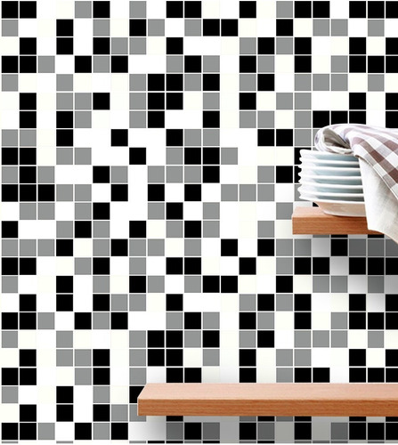 Imagem 3 de 3 de Papel De Parede Pastilhas Pretas Brancas E Cinzas 10 Metros
