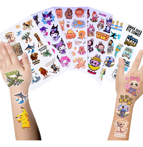 5 Planchas Tatuajes Temporales Tattoos Labubu Sanrio Capi Multicolor Personajes Surtidos