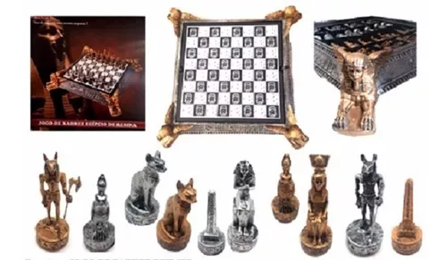 Jogo de Xadrez Egipcio Luxo 32 Peças Prata e Dourado 52 x 52 cm