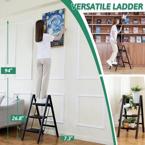 Escalera Plegable De 3 Escalones, Resistente De 330 Libras,