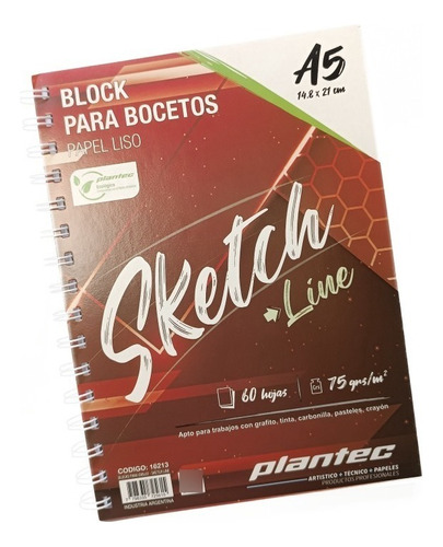 Block Para Dibujo A5 Plantec 60 Hojas Lisa 75 Gr Espiral Color Tapa Roja 16213