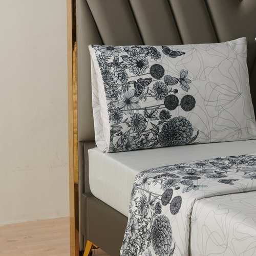 Sabanas Estampadas Ultra Suave + Funda Almohada Casatua 1,5P - Color Flores Gris