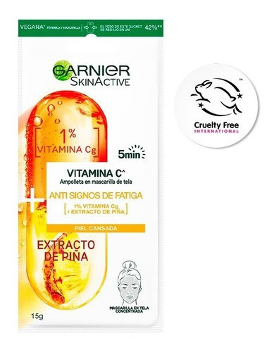 Mascarilla facial para piel todo tipo de piel Garnier Skin Active Ampolla En Mascarilla De Tela Garnier Con Vitamina C X 1 U 15g