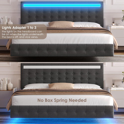 Base De Cama Matrimonial Con Luces Led Y Cabecera Tapizada