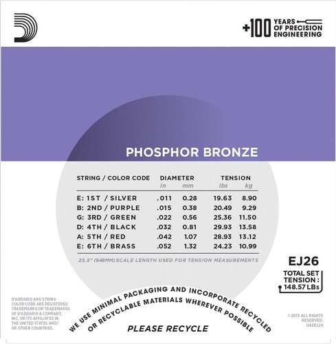 Imagem 3 de 5 de Encordoamento Violão Aço Daddario Ej26 011 Phosphor Bronze