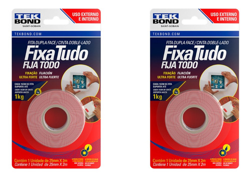 Kit 2 Fita Dupla Face Fixa Tudo Acrilico 25mmx2m Tekbond