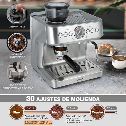 SANGKEE Máquina de Espresso con Molinillo y Varilla de Vapor, Cafeteras Espresso Profesionalde 20 bares con Doble Caldera & Tecnología de Calentamiento,Capuchino y Latte para Uso Doméstico y Comercial