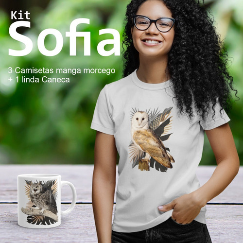 Imagem 1 de 3 de Kit Sofia - Corujas (3 Camisetas + 1 Caneca)
