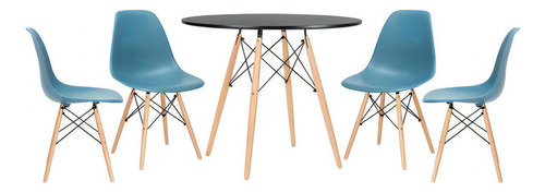 Kit  Mesa Eames 90 Cm Preto  4 Cadeiras Eames Wood Cor Da Tampa Mesa Preto Com Cadeiras Turquesa