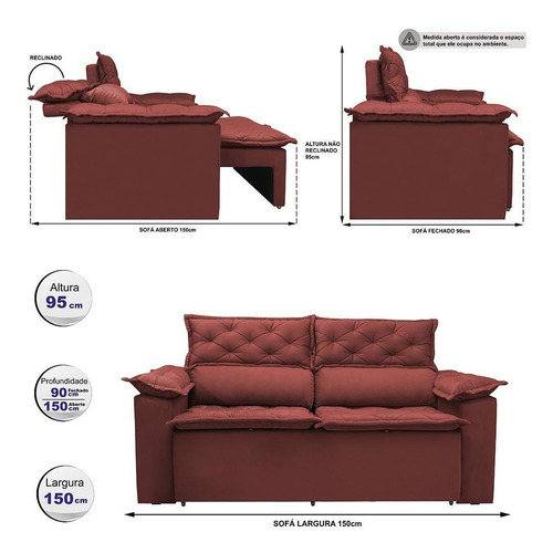 Sofá Retrátil E Reclinável Cama Inbox Compact 1,50m Vermelho