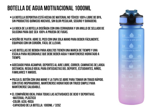 Imagen 3 de 10 de Bote Vaso Agua Motivacional 1000 Ml Termo Cilindro Popote