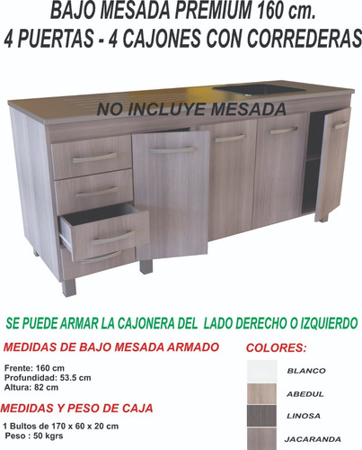 Imagen 2 de 5 de Bajo Mesada 1.60 Murano Reforzado Correderas Metalicas Envio
