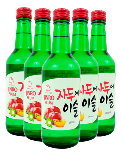 5 Botellas Soju Jinro Alcohol Coreano Ciruela De Sabor 360ml