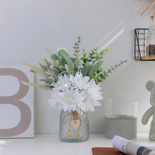 Jarrón Flores Eucalipto Sauce Artificiales Decoración Blanco