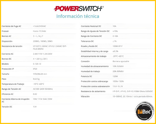 Fuente 12v 10a Gabinete Metalico Ip20 120w Power Switch