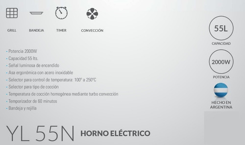 Horno de mesa eléctrico Yelmo YL-55N 55L gris/negro 220V