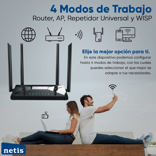 Netis Router Wifi Nc65 De 1200 Mbps / Modos Router - Access Point - Wisp - Repetidor / 4 Antenas 5 Dbi Y Puerto Gigabit / Enrutador Inalámbrico
