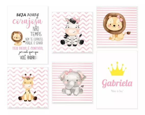 Kit 6 Quadros Decorativos Safari Baby Menina Personalizado